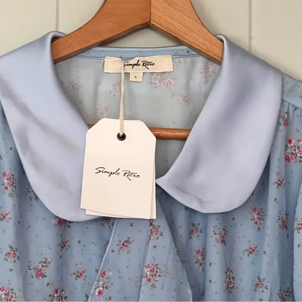 Simple Retro Blue Pink Romantic Bohemian Peter Pan Collar Button Down Top  NWT L - Picture 4 of 10